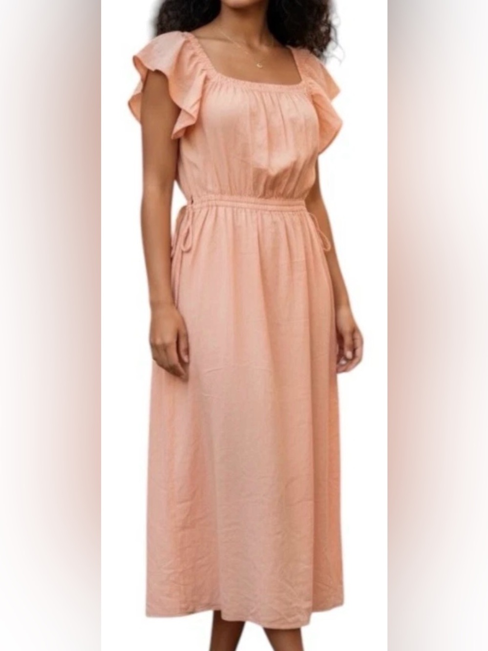 Uniqlo: C Gathered Back Open Short Sleeve Dress Midi Dress in Pink Size Medium,
